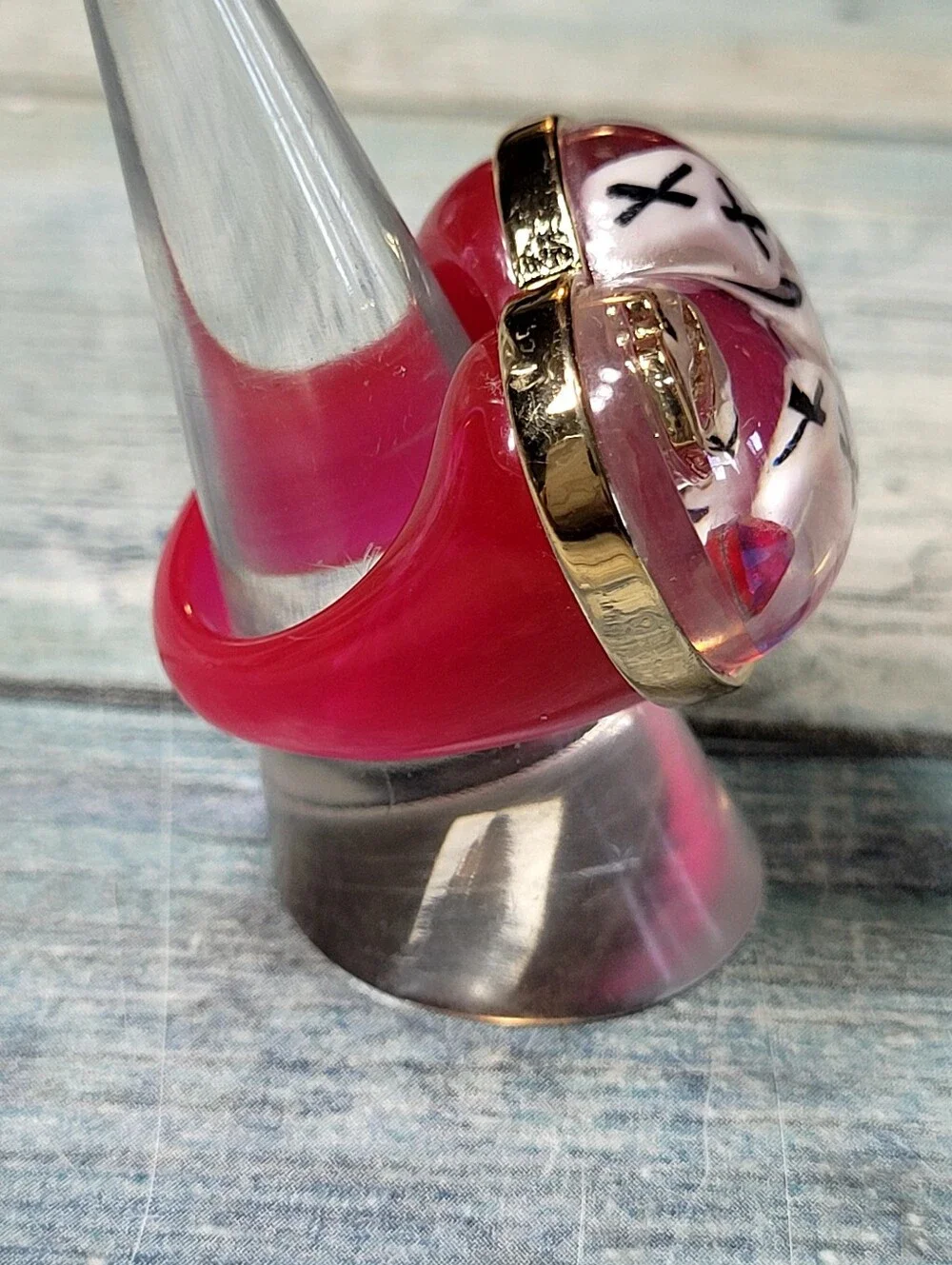 Betsey Johnson Heart Charm Ring with Pink Check Pattern XO Dice